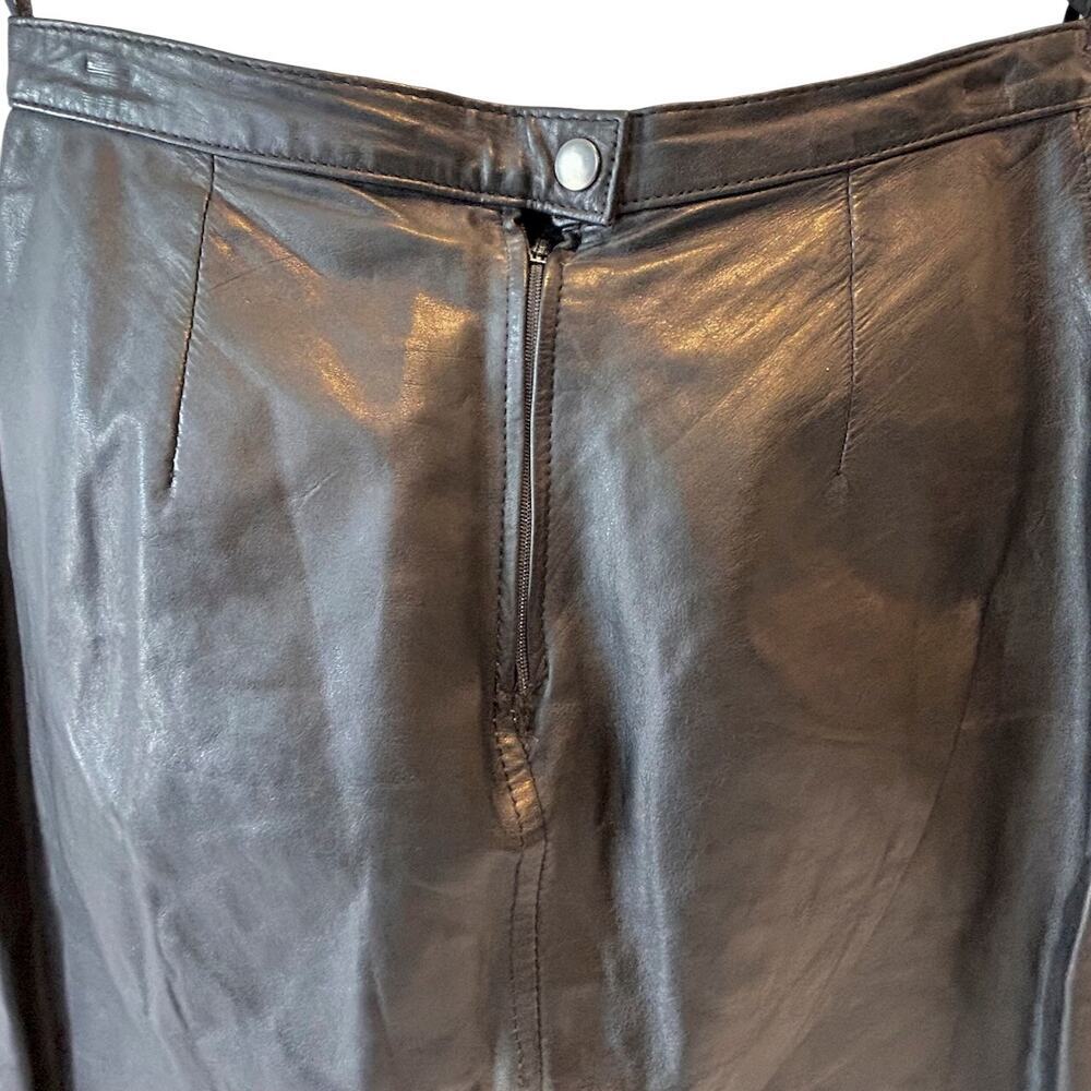 80s Vintage Genuine Black Leather Sexy Vixen knee Length Skirt Size 8 - Picture 5 of 9